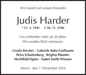 Traueranzeige von Judis Harder von Trauerportal Rhein Main Presse
