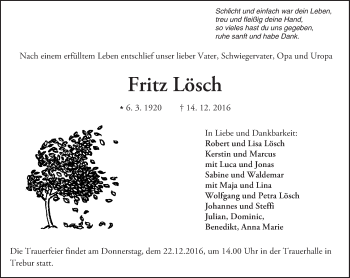 Traueranzeige von Fritz Lösch von Trauerportal Echo Online