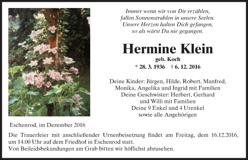  Traueranzeige für Hermine Klein vom 14.12.2016 aus  Kreisanzeiger