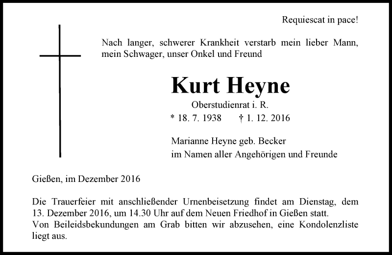  Traueranzeige für Kurt Heyne vom 07.12.2016 aus  Gießener Anzeiger
