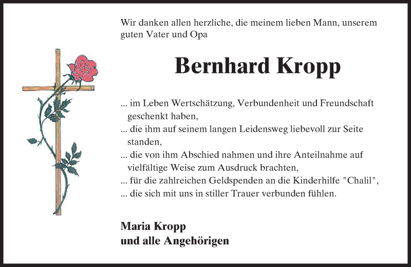  Traueranzeige für Bernhard Kropp vom 10.12.2016 aus Trauerportal Echo Online