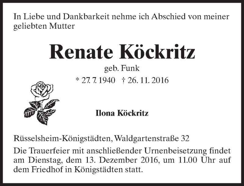  Traueranzeige für Renate Köckritz vom 03.12.2016 aus Trauerportal Rhein Main Presse
