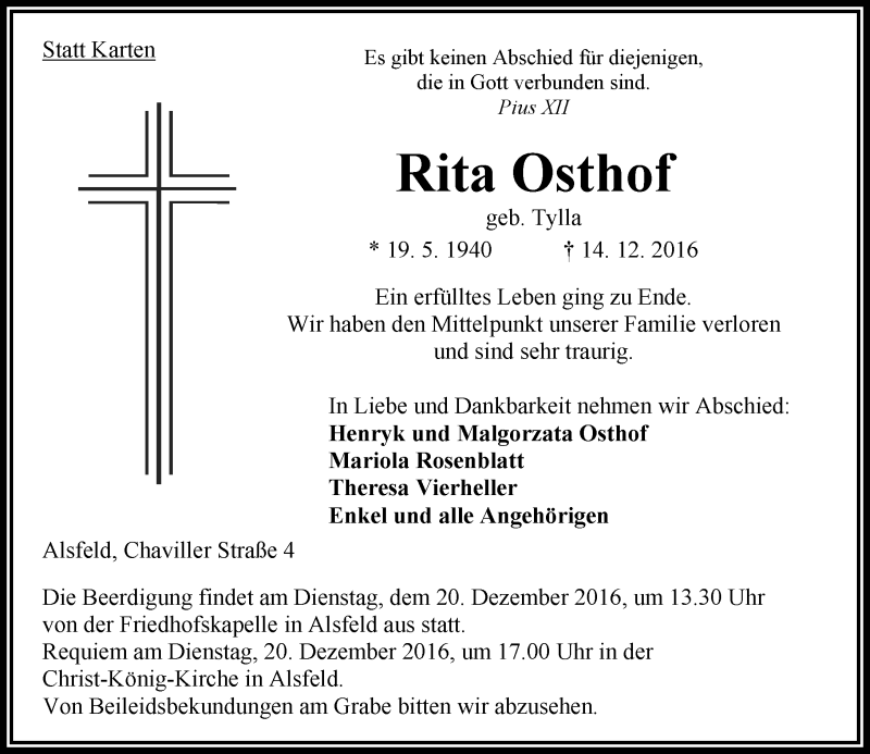  Traueranzeige für Rita Osthof vom 17.12.2016 aus VRM Trauer