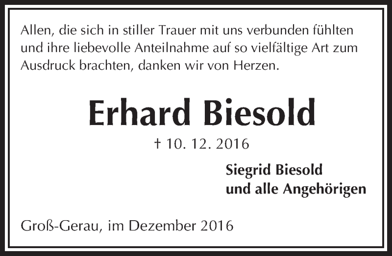  Traueranzeige für Erhard Biesold vom 30.12.2016 aus Trauerportal Echo Online