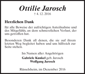 Traueranzeige von Ottilie Jarosch von Trauerportal Rhein Main Presse
