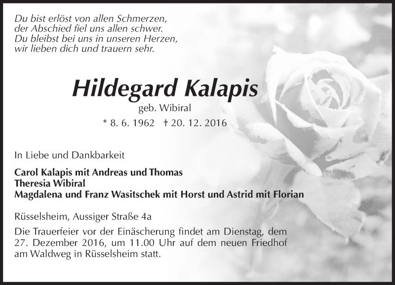  Traueranzeige für Hildegard Kalapis vom 24.12.2016 aus Trauerportal Rhein Main Presse