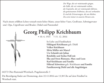 Traueranzeige von Georg Philipp Krichbaum von Trauerportal Echo Online