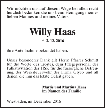 Traueranzeige von Willy Haas von Trauerportal Rhein Main Presse