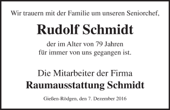 Traueranzeige von Rudolf Schmidt von  Gießener Anzeiger