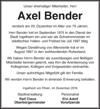 Traueranzeige von Axel Bender von Trauerportal Rhein Main Presse