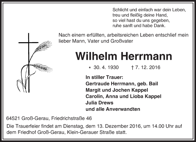  Traueranzeige für Wilhelm Herrmann vom 09.12.2016 aus Trauerportal Echo Online