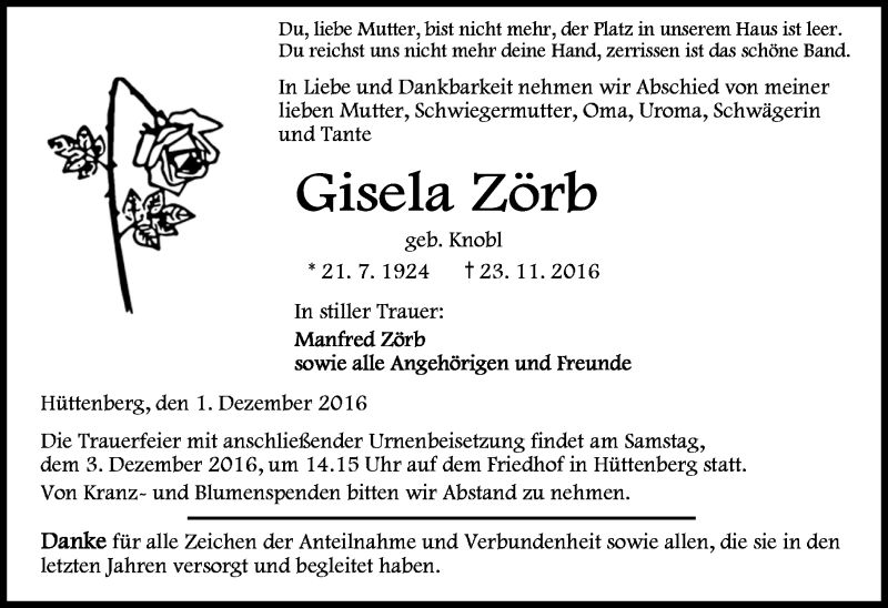  Traueranzeige für Gisela Zörb vom 01.12.2016 aus  Gießener Anzeiger