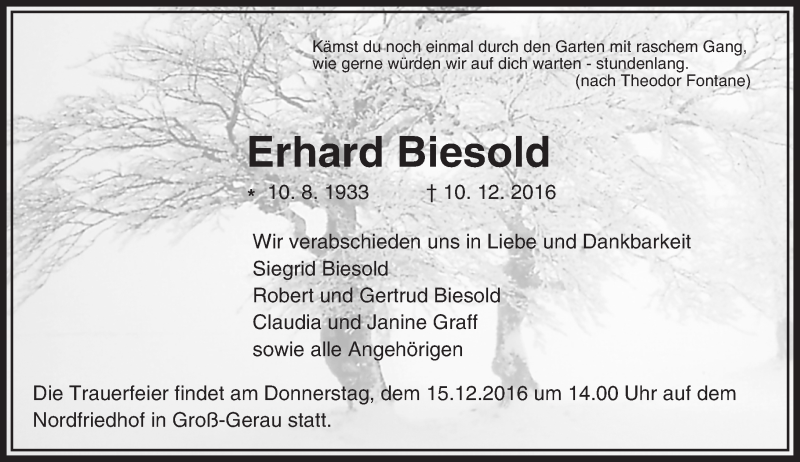  Traueranzeige für Erhard Biesold vom 14.12.2016 aus Trauerportal Echo Online