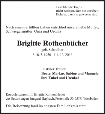 Traueranzeige von Brigitte Rothenbücher von Trauerportal Rhein Main Presse