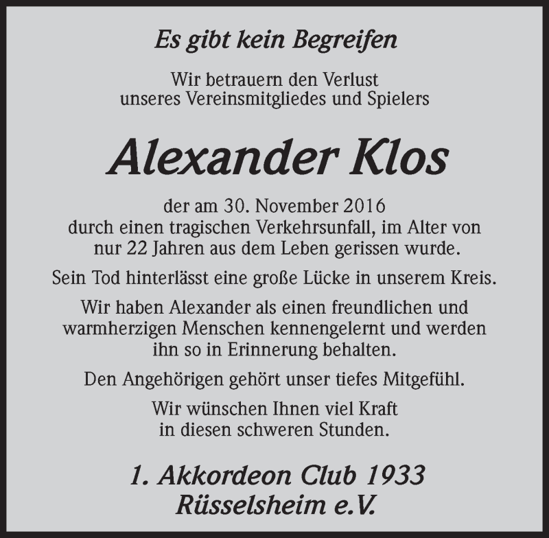  Traueranzeige für Alexander Klos vom 06.12.2016 aus Trauerportal Rhein Main Presse