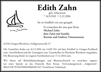 Traueranzeige von Edith Zahn von  Usinger Anzeiger