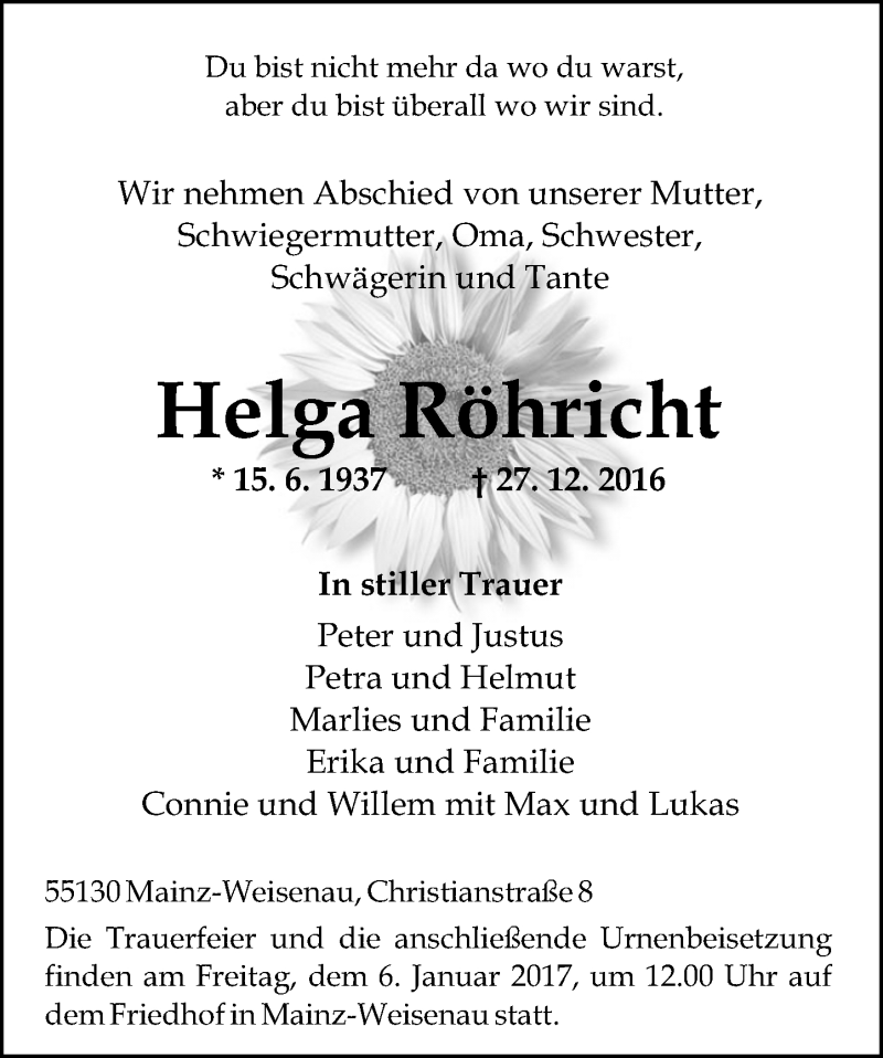  Traueranzeige für Helga Röhricht vom 31.12.2016 aus Trauerportal Rhein Main Presse