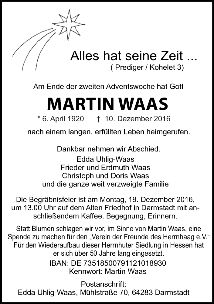  Traueranzeige für Martin Waas vom 15.12.2016 aus Trauerportal Echo Online