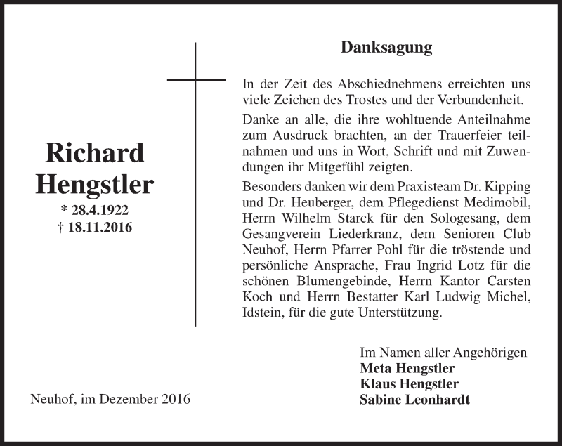  Traueranzeige für Richard Hengstler vom 10.12.2016 aus Trauerportal Rhein Main Presse