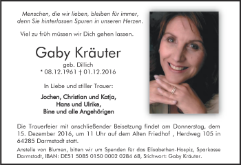 Traueranzeige von Gaby Kräuter von Trauerportal Echo Online