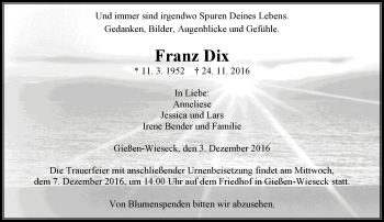 Traueranzeige von Franz Dix von  Gießener Anzeiger