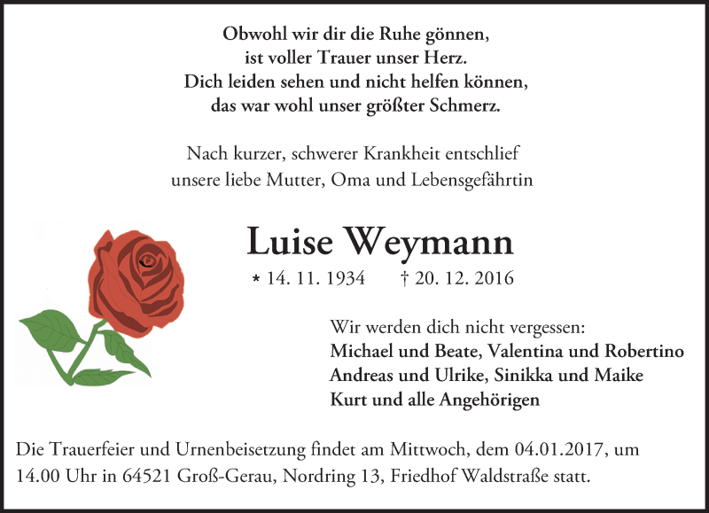  Traueranzeige für Luise Weymann vom 31.12.2016 aus Trauerportal Echo Online