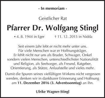 Traueranzeige von Wolfgang Stingl von  Kreisanzeiger
