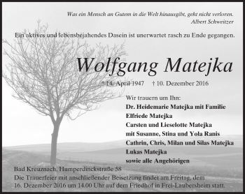 Traueranzeige von Wolfgang Matejka von Trauerportal Rhein Main Presse