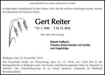 Traueranzeige von Gert Reiter von  Kreisanzeiger