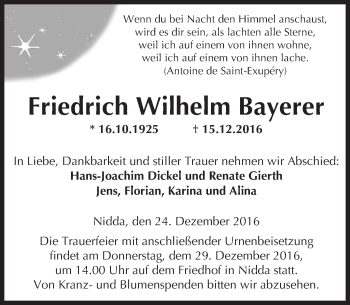 Traueranzeige von Friedrich Wilhelm Bayerer von  Kreisanzeiger