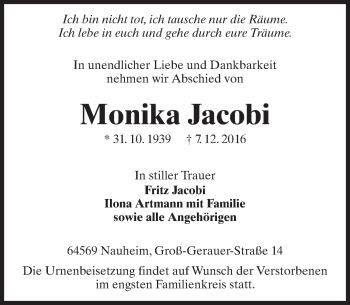 Traueranzeige von Monika Jacobi von Trauerportal Echo Online