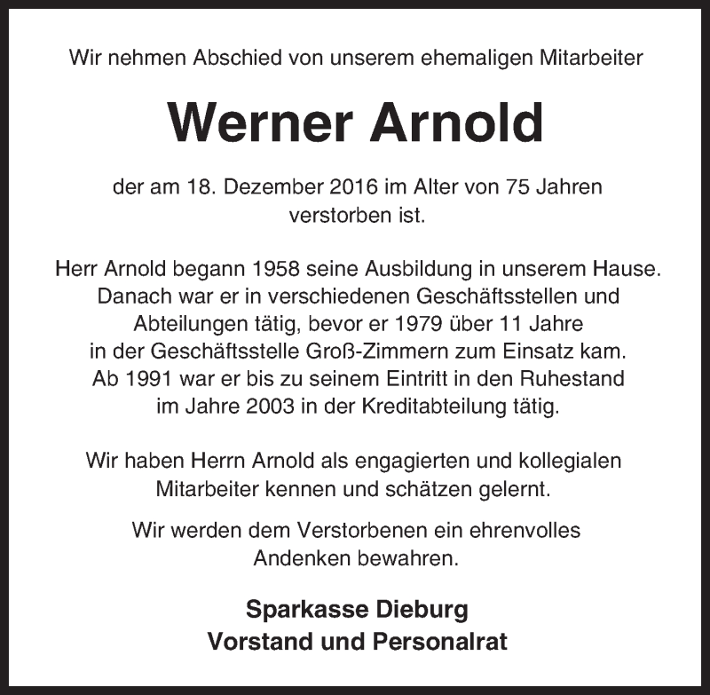  Traueranzeige für Werner Arnold vom 30.12.2016 aus Trauerportal Echo Online