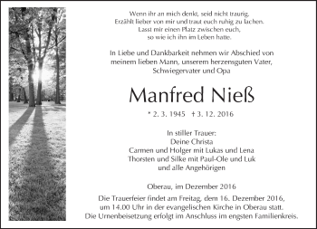 Traueranzeige von Manfred Nieß von  Kreisanzeiger