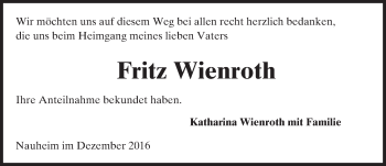 Traueranzeige von Fritz Wienroth von Trauerportal Echo Online