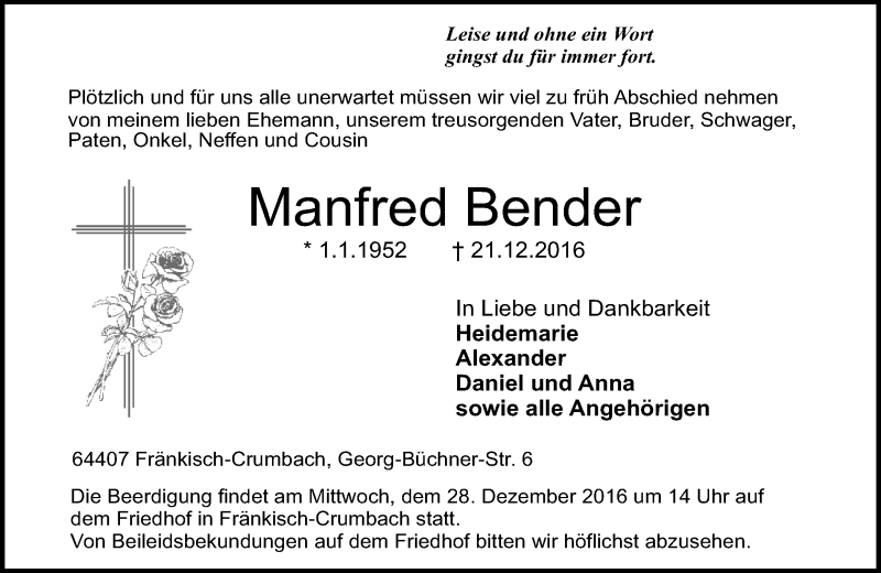  Traueranzeige für Manfred Bender vom 24.12.2016 aus Trauerportal Echo Online
