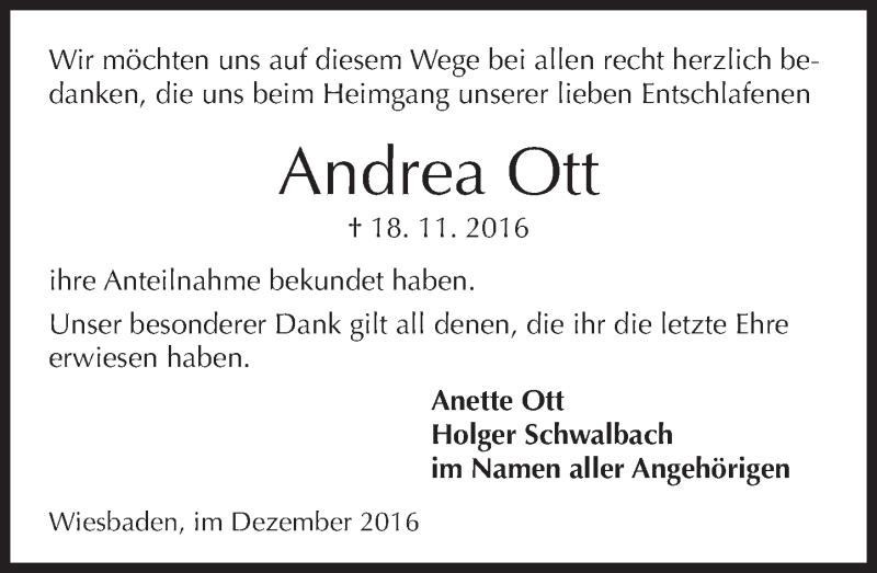  Traueranzeige für Andrea Ott vom 17.12.2016 aus Trauerportal Rhein Main Presse