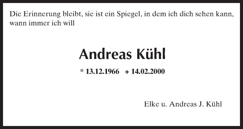 Traueranzeige für Andreas Kühl vom 13.12.2016 aus Trauerportal Rhein Main Presse