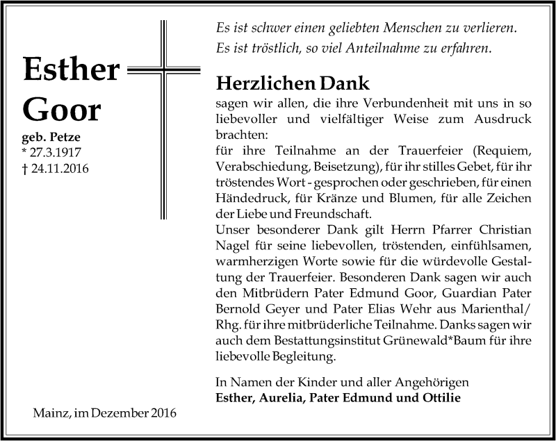  Traueranzeige für Esther Goor vom 17.12.2016 aus Trauerportal Rhein Main Presse