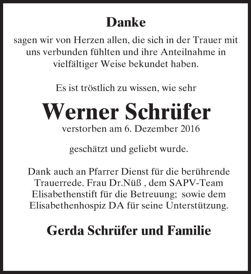  Traueranzeige für Werner Schrüfer vom 31.12.2016 aus Trauerportal Rhein Main Presse