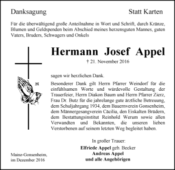 Traueranzeige von Hermann Josef Appel von Trauerportal Rhein Main Presse