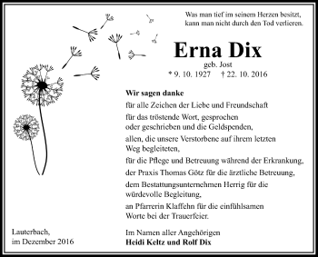 Traueranzeige von Erna Dix von VRM Trauer