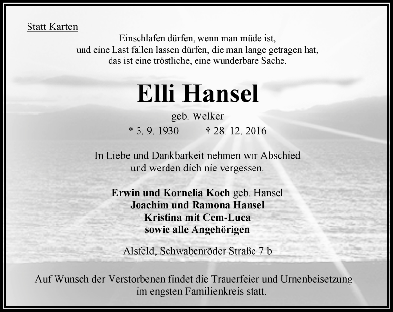  Traueranzeige für Elli Hansel vom 30.12.2016 aus VRM Trauer