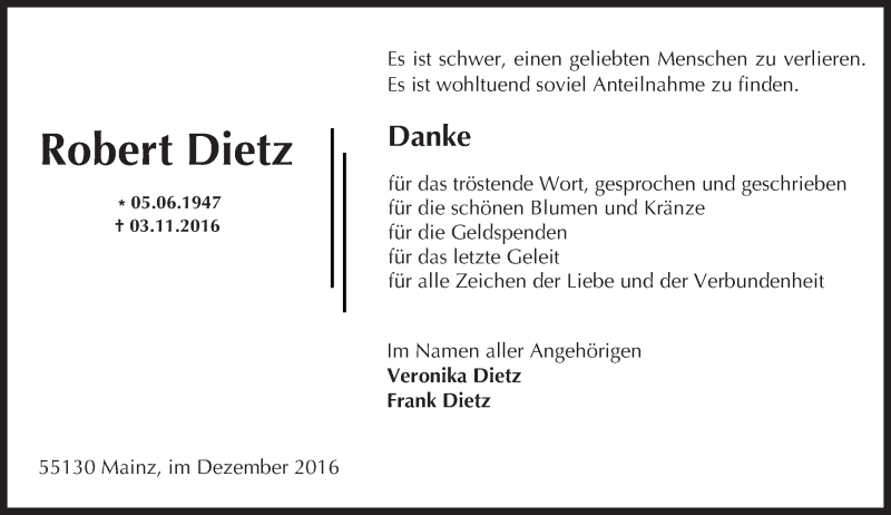  Traueranzeige für Robert Dietz vom 10.12.2016 aus Trauerportal Rhein Main Presse