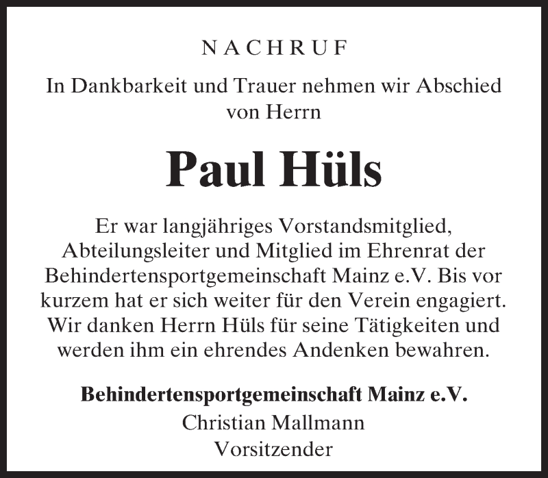  Traueranzeige für Paul Hüls vom 07.12.2016 aus Trauerportal Rhein Main Presse