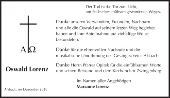 Traueranzeige von Oswald Lorenz von Trauerportal Echo Online