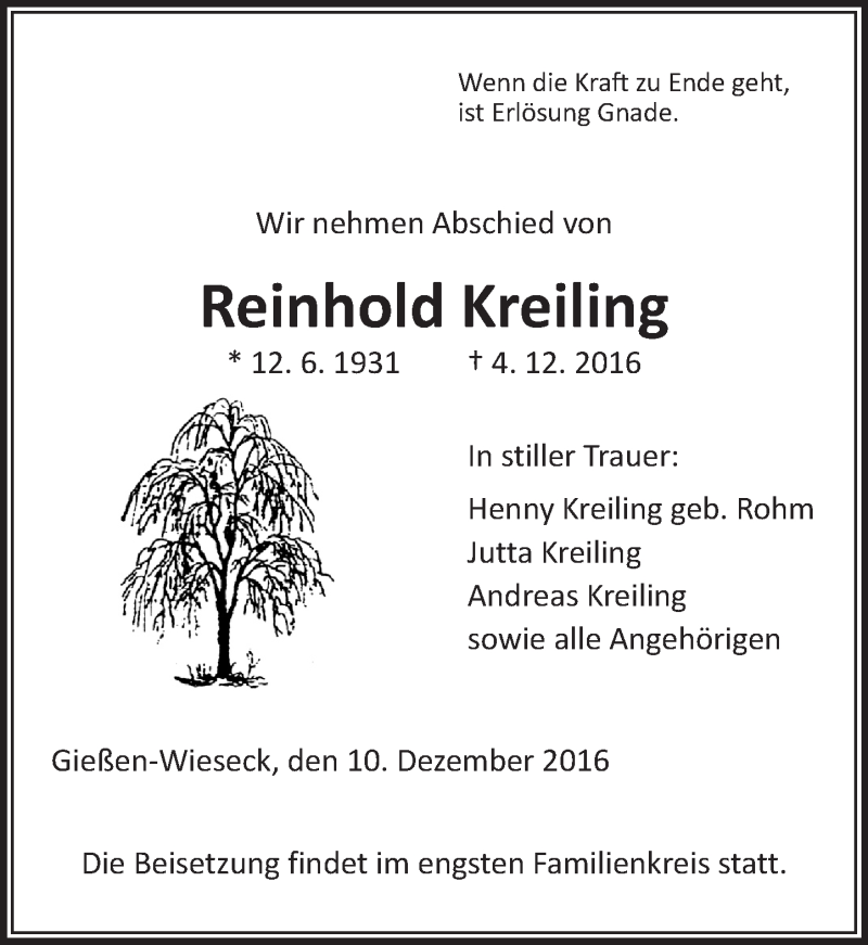 Traueranzeige für Reinhold Kreiling vom 10.12.2016 aus  Gießener Anzeiger