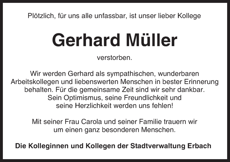  Traueranzeige für Gerhard Müller vom 14.12.2016 aus Trauerportal Echo Online