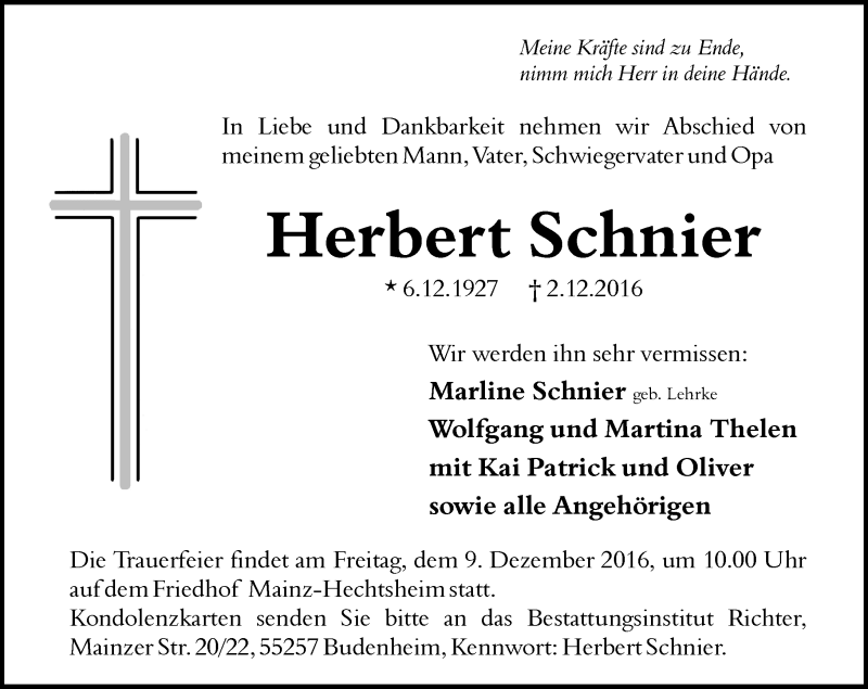  Traueranzeige für Herbert Schnier vom 07.12.2016 aus Trauerportal Rhein Main Presse
