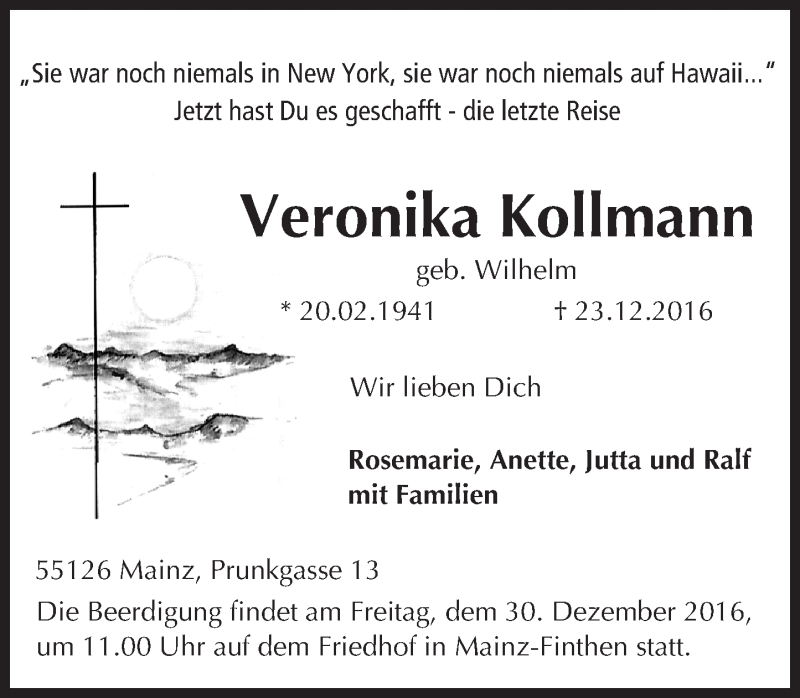  Traueranzeige für Veronika Kollmann vom 28.12.2016 aus Trauerportal Rhein Main Presse