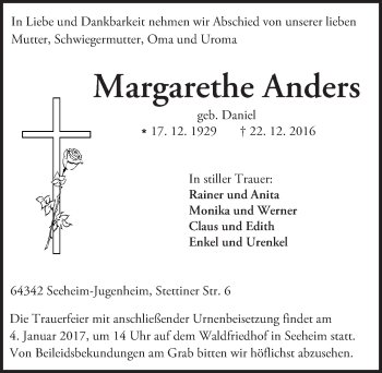 Traueranzeige von Margarethe Anders von Trauerportal Echo Online